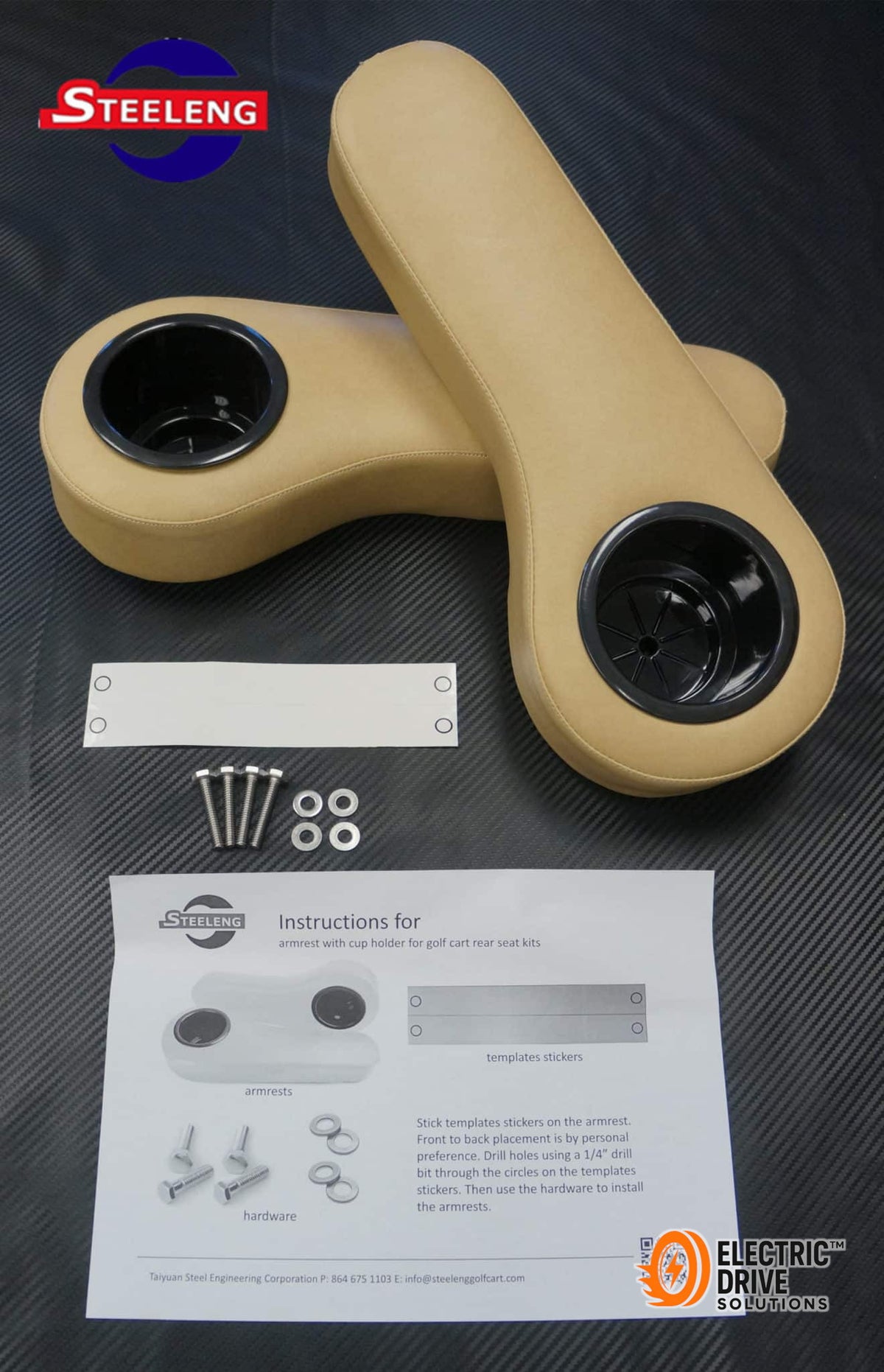 STEELENG Armrest Cushions (Pair) w/ Cup Holders for Rear Seat Kits, Tan — Electric Drive Solutions