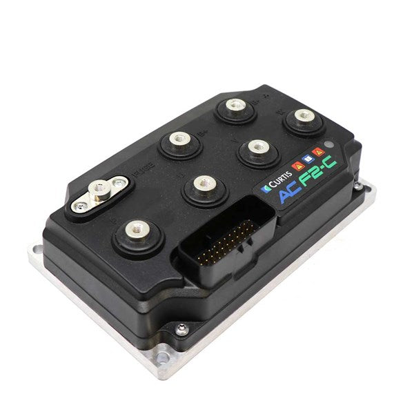 Curtis F2-C 24V 280/300A AC motor controller with DC hydraulic pump control—single unit for traction and hydraulics; rugged sealed design for industrial EVs.