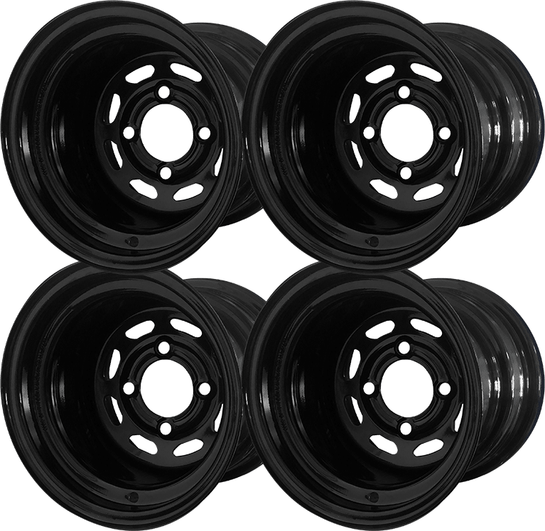 STEELENG 10″ Steel Wheel – Black – Slotted — set of 4 pack shot (SKU SW1001)