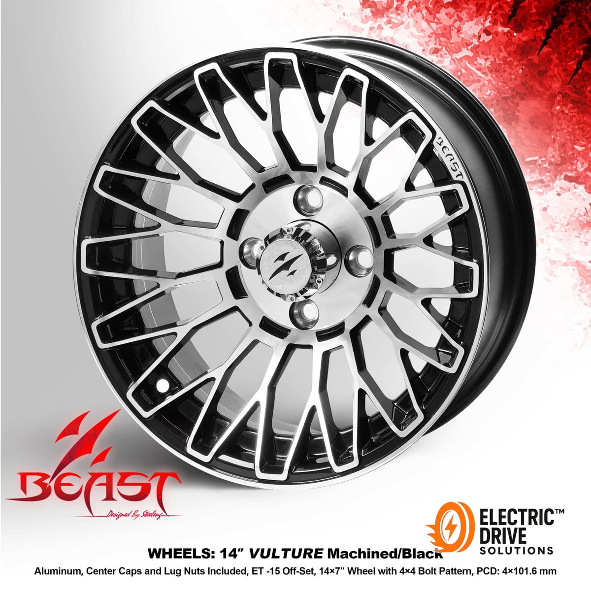 STEELENG 14-inch Vulture Machined Black, Mounted Set of 4 — Electric Drive Solutions