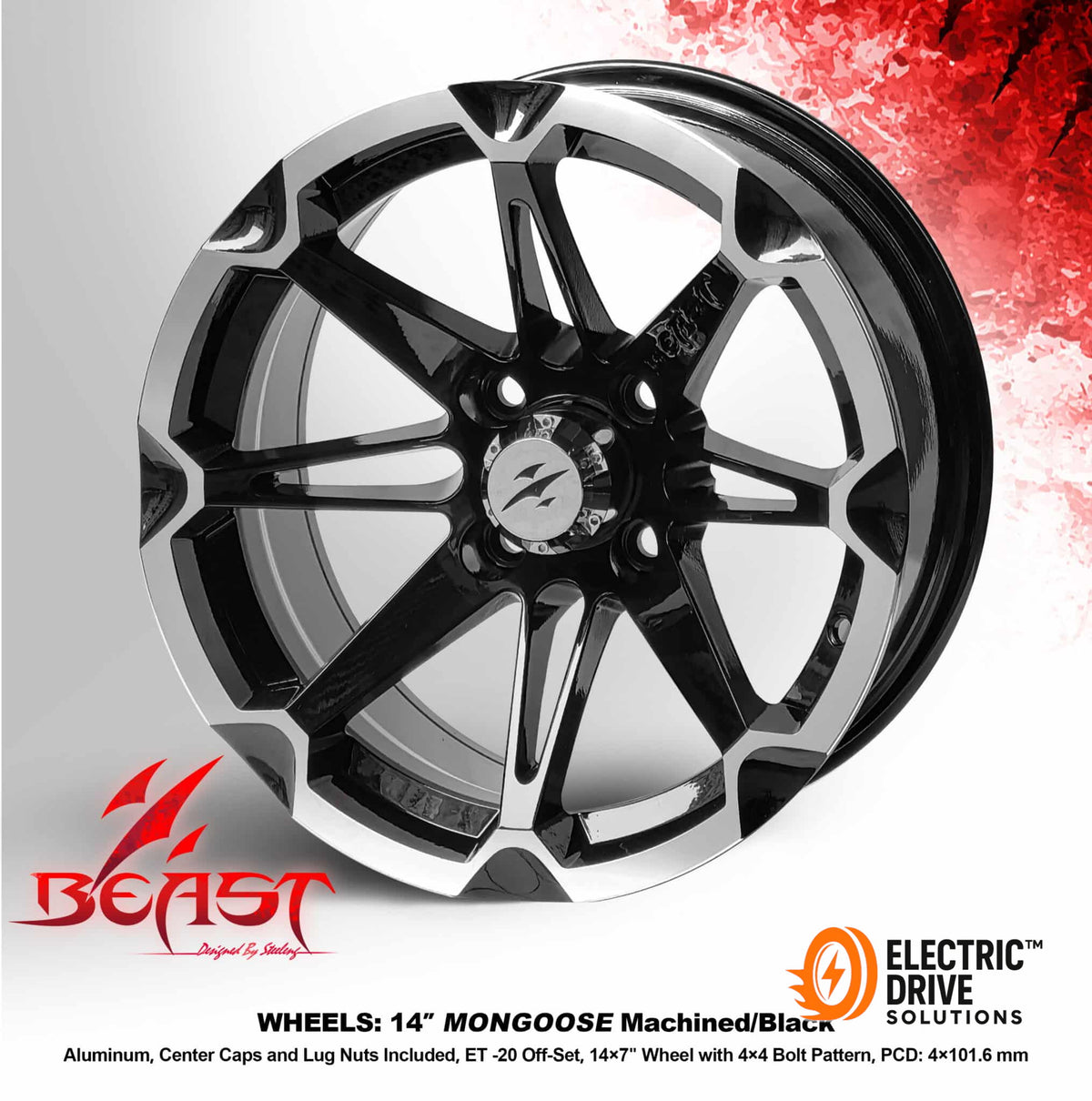 STEELENG 14-inch Mongoose Machined Black, Mounted Set of 4 — Electric Drive Solutions