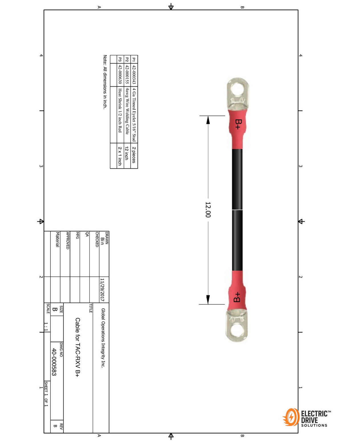 Navitas Battery Cable 40000583 — PN 87-40000583 — OEM wiring drawing (interim) — Electric Drive Solutions