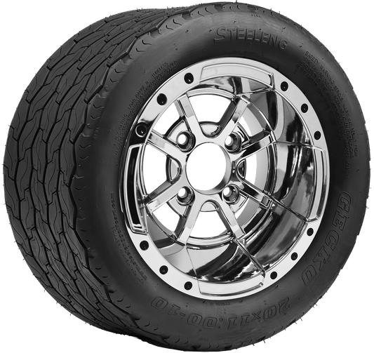 STEELENG 10″ Storm Trooper Chrome Wheel + 22x11-10 Gecko Street Tire Combo — mounted wheel+tire combo photo (WH1013+TR1002)