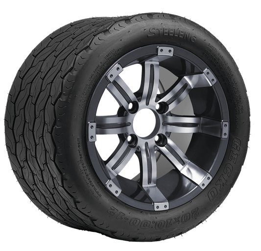 STEELENG 12″ Tempest Machined/Gunmetal Wheel + 20x10-12 Gecko Street Tire Combo — mounted wheel+tire combo photo (WH1233+TR1201)
