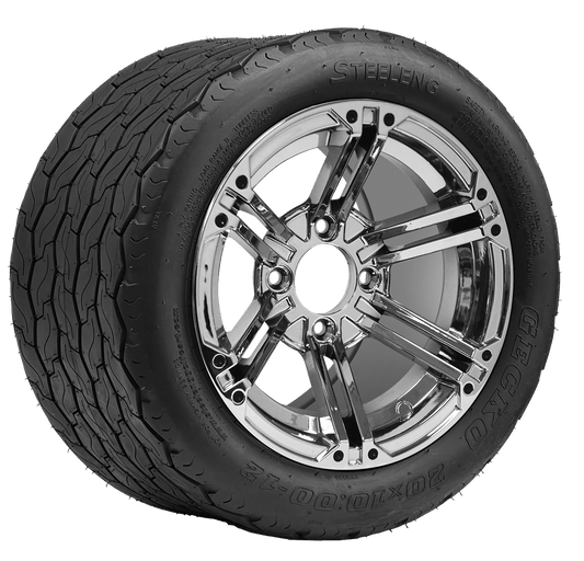 STEELENG 12″ Terminator Chrome Wheel + 20x10-12 Gecko Street Tire Combo — mounted wheel+tire combo photo (WH1237+TR1201)