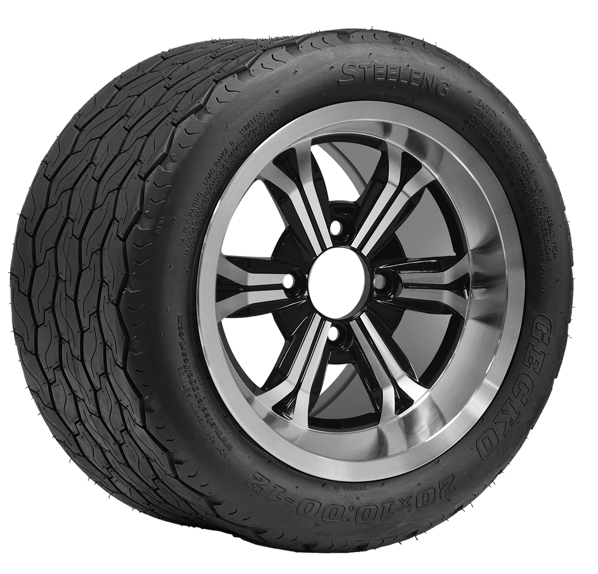 STEELENG 12″ Transformer Machined/Black Wheel + 20x10-12 Gecko Street Tire Combo — mounted wheel+tire combo photo (WH1240+TR1201)