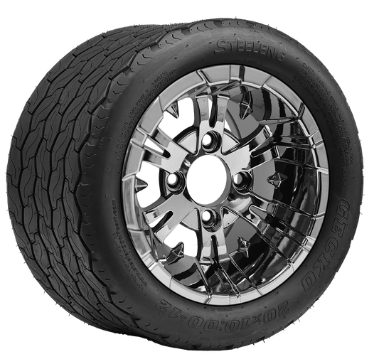 STEELENG 12″ Vampire Chrome Wheel + 20x10-12 Gecko Street Tire Combo — mounted wheel+tire combo photo (WH1243+TR1201)