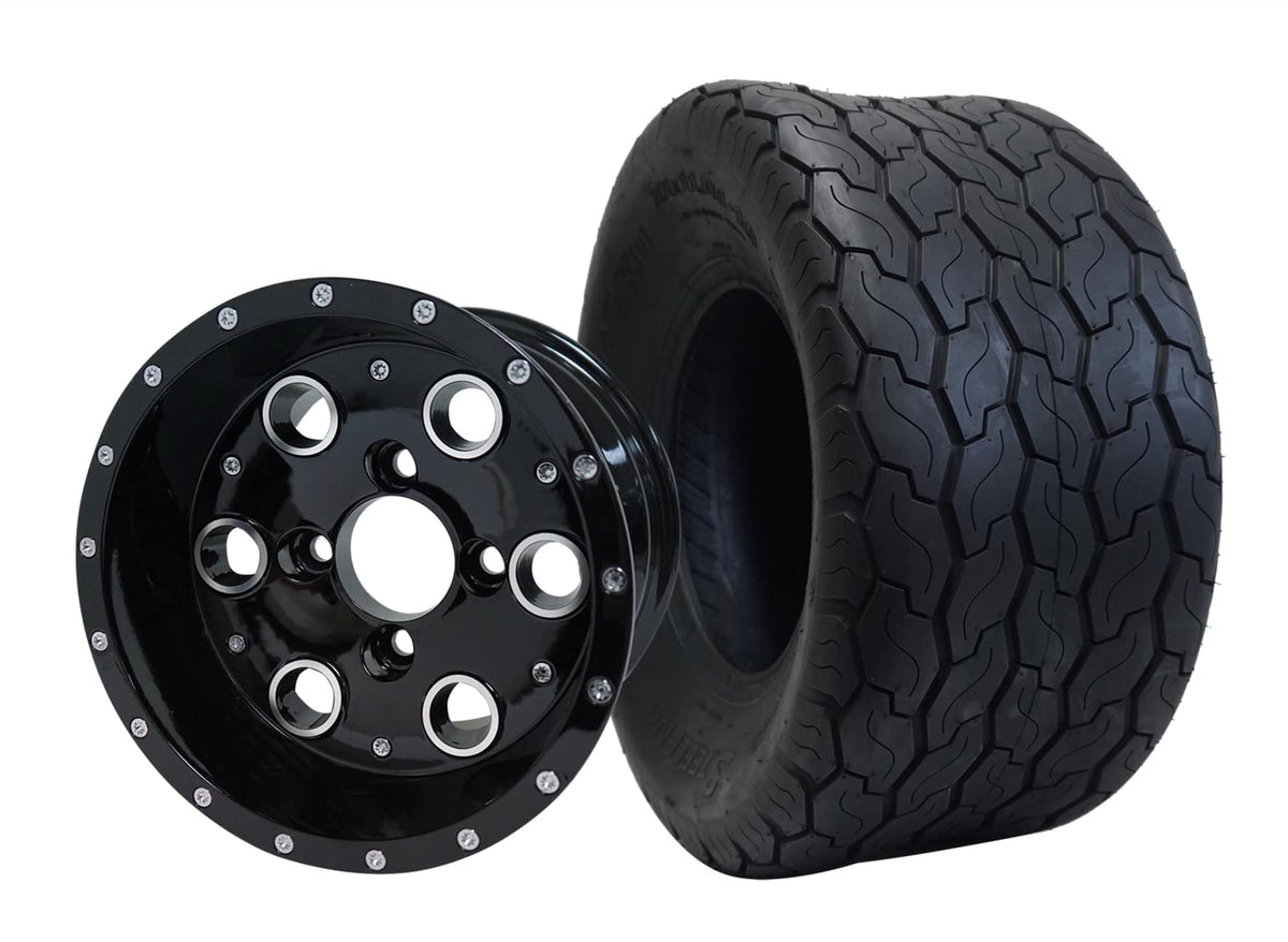 STEELENG 10″ Pioneer Glossy Black Wheel + 22x11-10 Gecko Street Tire Combo — mounted wheel+tire combo photo (WH1008+TR1002)