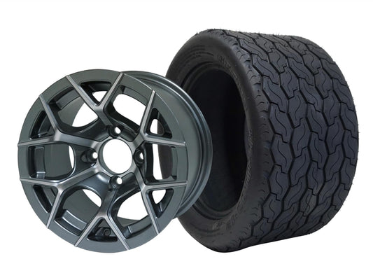 STEELENG 12″ Rally Machined/Gunmetal Wheel + 20x10-12 Gecko Street Tire Combo — mounted wheel+tire combo photo (WH1229+TR1201)