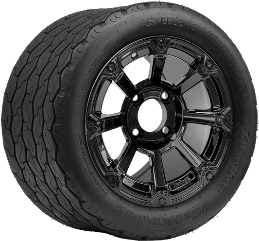 STEELENG 12″ Cyclops Glossy Black Wheel + 20x10-12 Gecko Street Tire Combo — mounted wheel+tire combo photo (WH1261+TR1201)