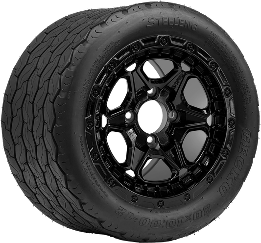 STEELENG 12″ Grizzly Glossy Black Wheel + 20x10-12 Gecko Street Tire Combo — mounted wheel+tire combo photo (WH1264+TR1201)