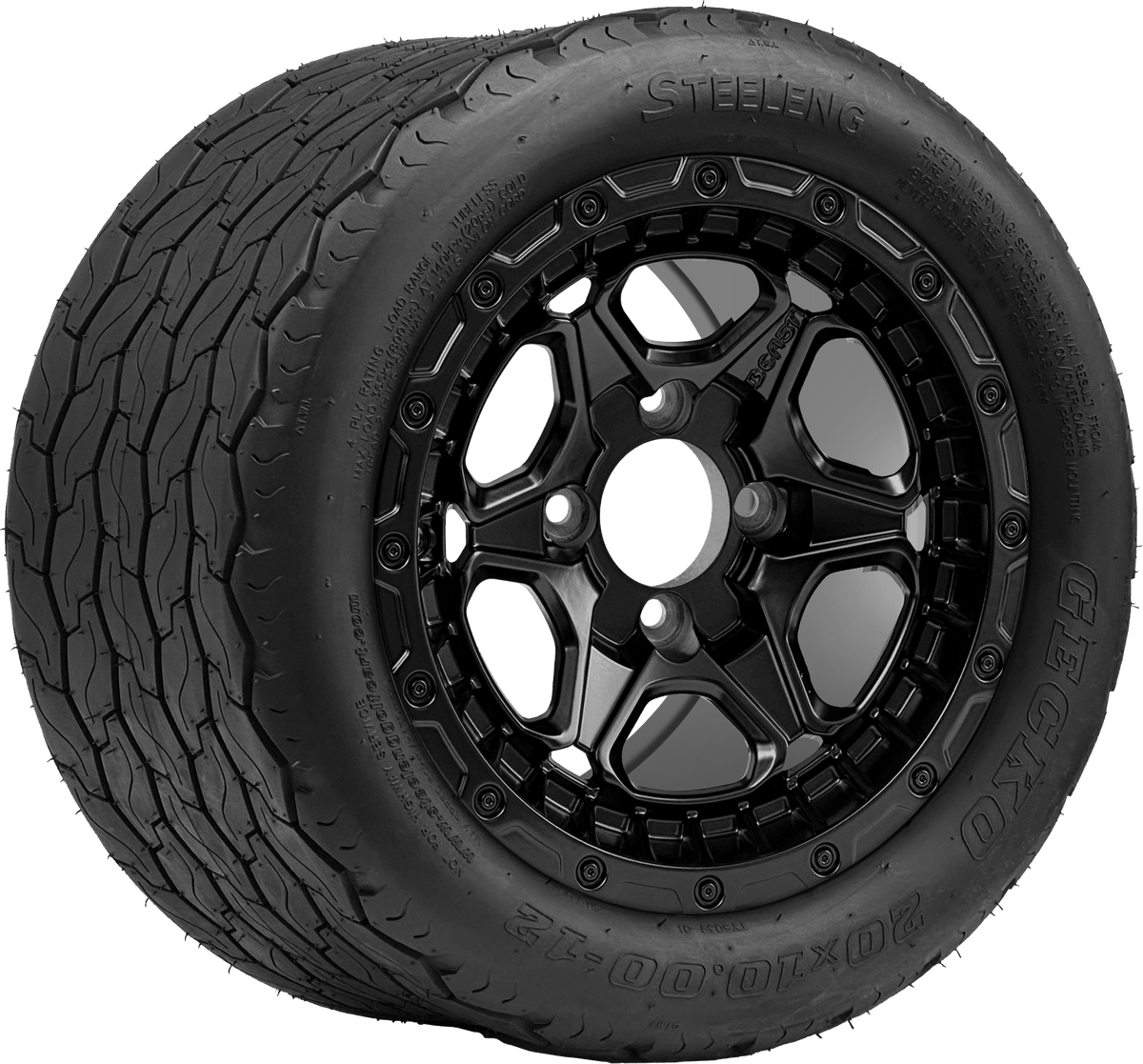 STEELENG 12″ Grizzly Matte Black Wheel + 20x10-12 Gecko Street Tire Combo — mounted wheel+tire combo photo (WH1265+TR1201)