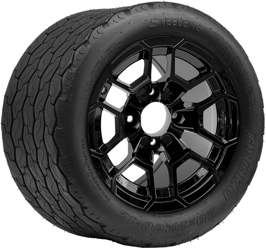 STEELENG 12″ Talon Glossy Black Wheel + 20x10-12 Gecko Street Tire Combo — mounted wheel+tire combo photo (WH1272+TR1201)