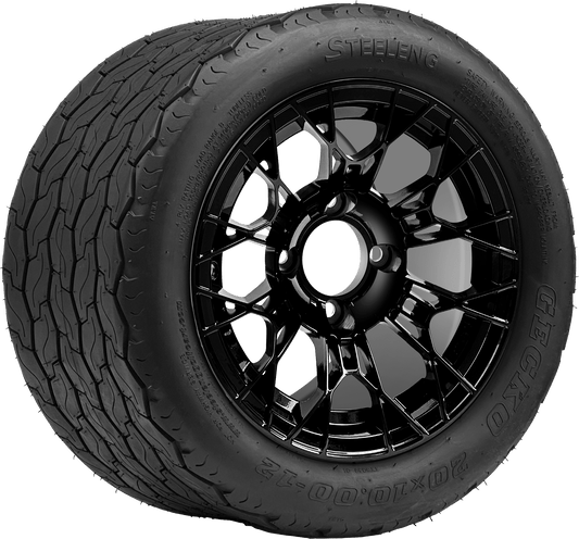 STEELENG 12″ Tarantula Glossy Black Wheel + 20x10-12 Gecko Street Tire Combo — mounted wheel+tire combo photo (WH1274+TR1201)
