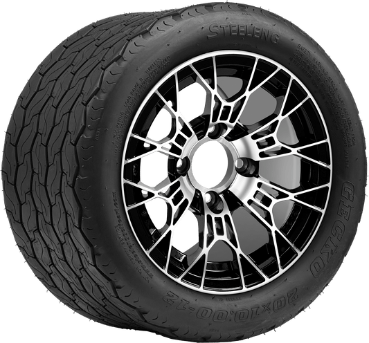 STEELENG 12″ Tarantula Machined/Black Wheel + 20x10-12 Gecko Street Tire Combo — mounted wheel+tire combo photo (WH1275+TR1201)