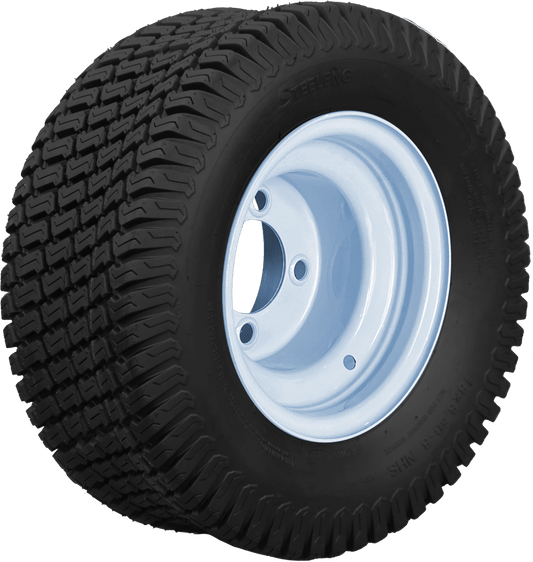 STEELENG 8″ White Steel Wheel + 18x8.5-8 Turf Tire Combo — mounted wheel+tire combo photo (SW0802+TR0802)