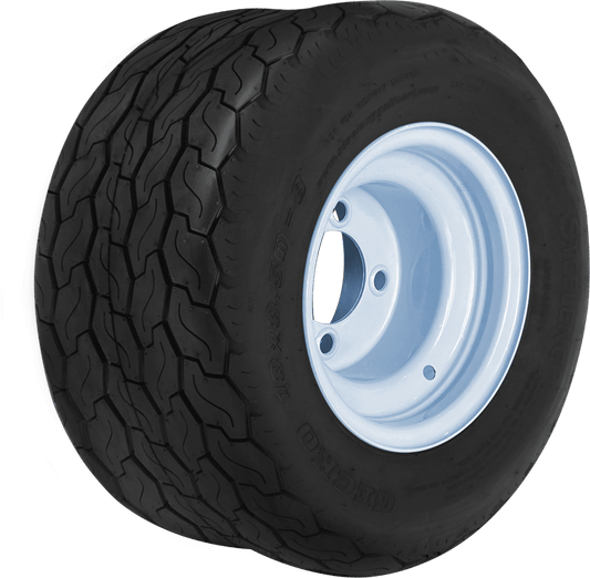 STEELENG 8″ White Steel Wheel + 18x8.5-8 GECKO Street Tire Combo — mounted wheel+tire combo photo (SW0802+TR0803)