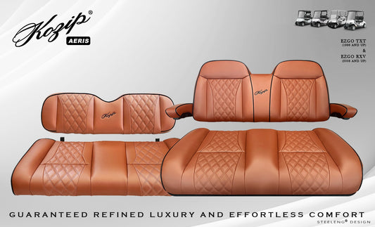 STEELENG Kozip (AERIS) Front and Rear Seat Cushion Set with NOMAD Seat frame for EZGO RXV/TXT, Brown Base with Black Piping