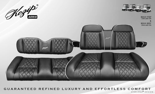 STEELENG Kozip (AERIS) Front and Rear Seat Cushion Set with NOMAD Seat frame for EZGO TXT, Black Base with White Piping with