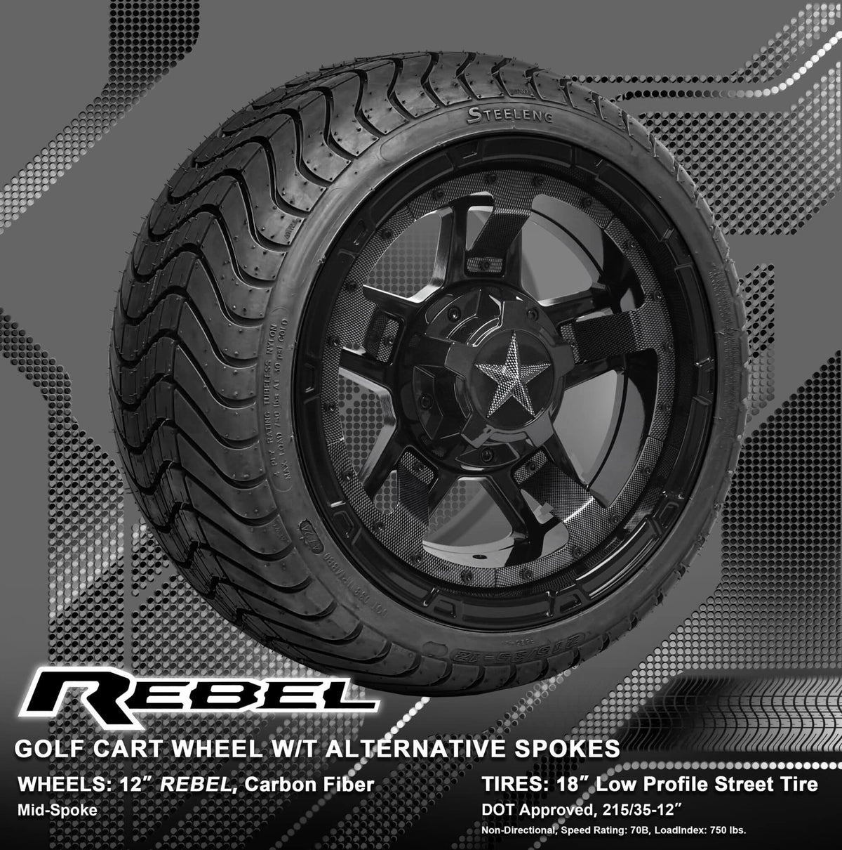 STEELENG 12-inch REBEL Glossy Black, Mounted Set of 4, part WH1251