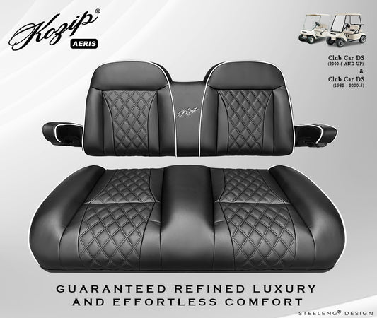 STEELENG Kozip (AERIS) Front Seat Cushion Set, Black Base with White Piping, Black Cross Stitch for Club Car DS (1982-up)