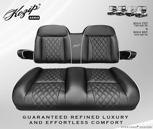 STEELENG Kozip (AERIS) Front Seat Cushion Set, Black Base with White Piping, Black Cross Stitch for EZGO RXV/TXT, part SCTR10