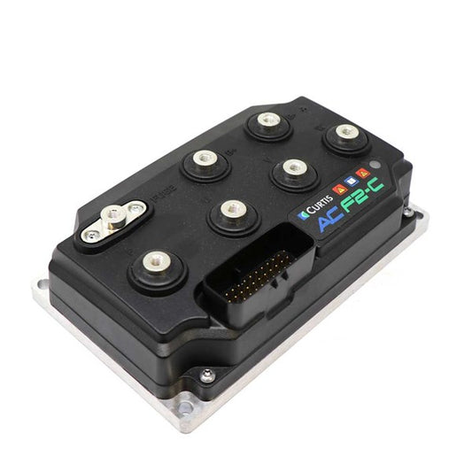 Curtis F2-C 24V 280/300A AC motor controller with DC hydraulic pump control—single unit for traction and hydraulics; rugged sealed design for industrial EVs.