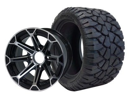 12″ Fang Machined/Black Wheel – Aluminum Alloy / STEELENG 22″x10.5″-12″ STINGER All Terrain Tire DOT Approved