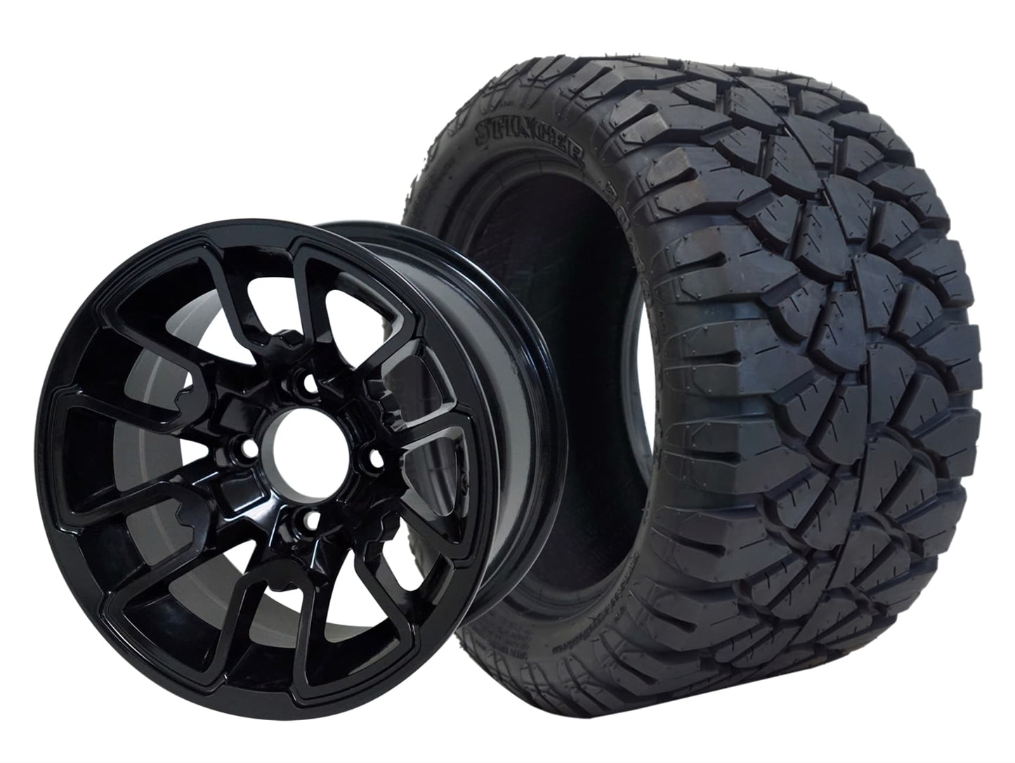 12″ Lizard Glossy Black Wheel – Aluminum Alloy / STEELENG 22″x10.5″-12″ STINGER All Terrain Tire DOT Approved