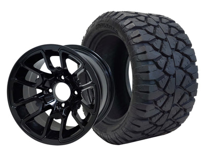12″ Lizard Glossy Black Wheel – Aluminum Alloy / STEELENG 22″x10.5″-12″ STINGER All Terrain Tire DOT Approved