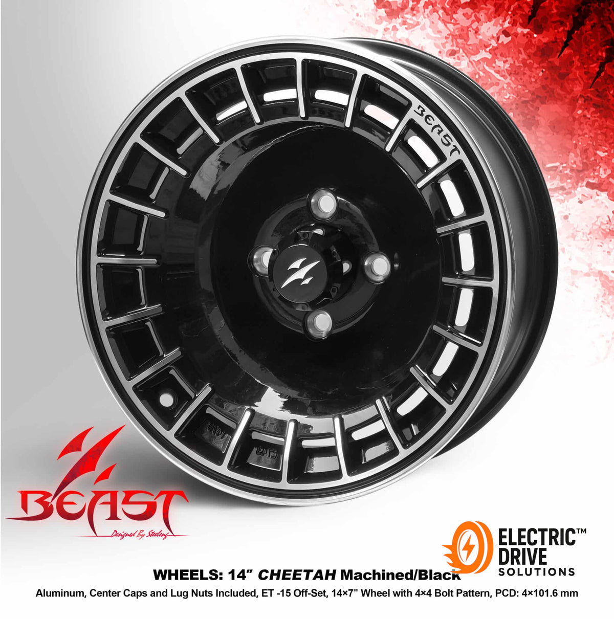 STEELENG 14-inch Cheetah Machined Black, Mounted Set of 4 — Electric Drive Solutions