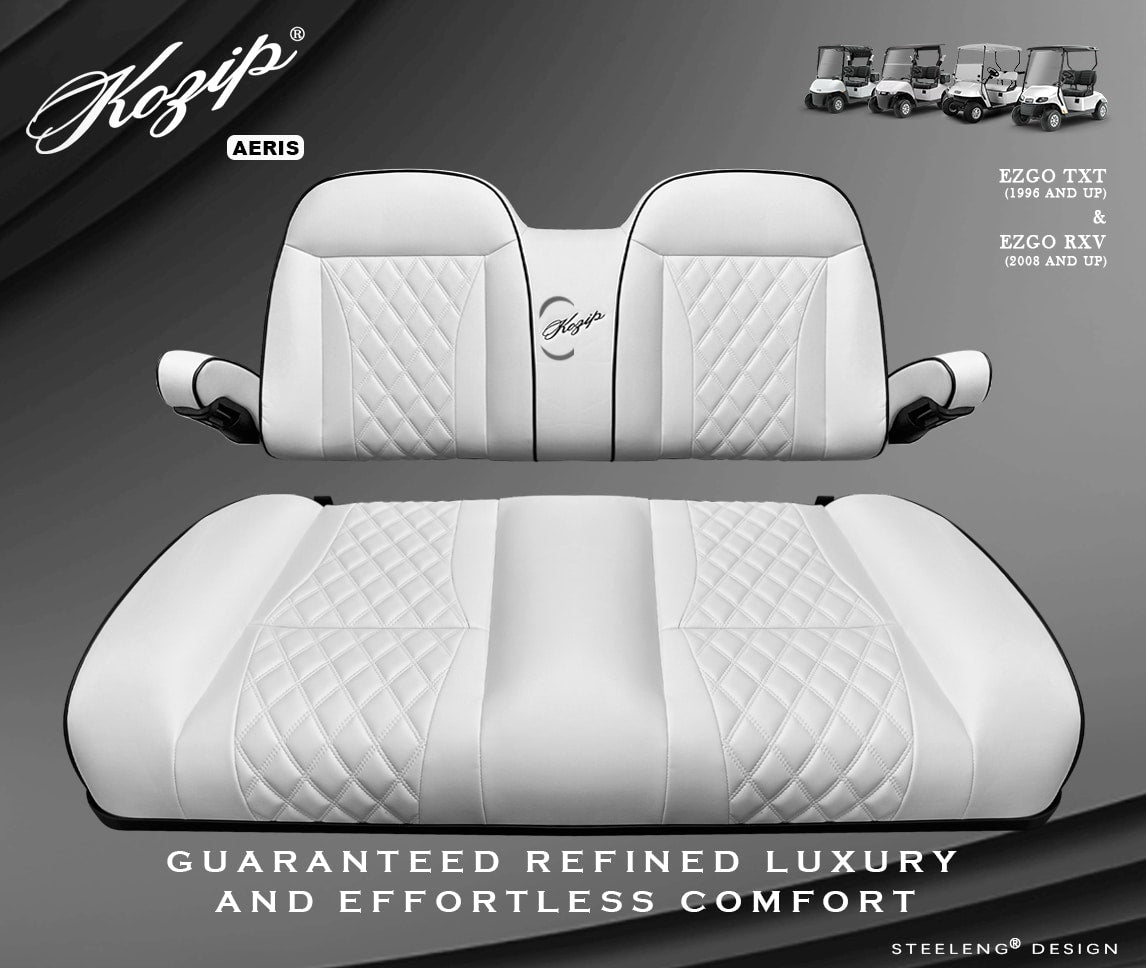 STEELENG Kozip (AERIS) Front Seat Cushion Set, White Base with Black Piping, White Cross Stitch for EZGO RXV/TXT, part SCTR11