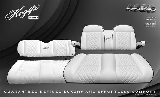 STEELENG Kozip (AERIS) Front and Rear Seat Cushion Set, White Base with Black Piping, White Cross Stitch for EZGO RXV/TXT