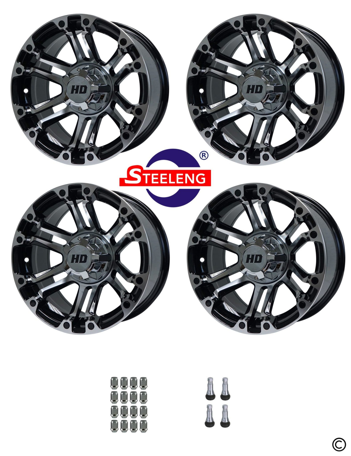 STEELENG 14-inch Rhino Machined/Black, Mounted Set of 4 — alternate view, part WH1422
