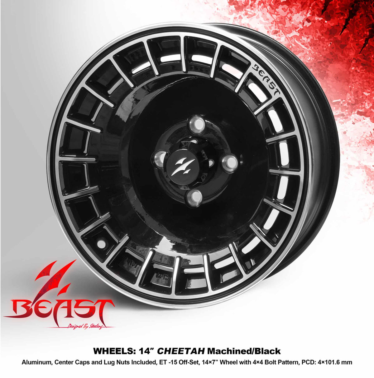 STEELENG 14-inch Cheetah Machined Black, Mounted Set of 4, part WH1466